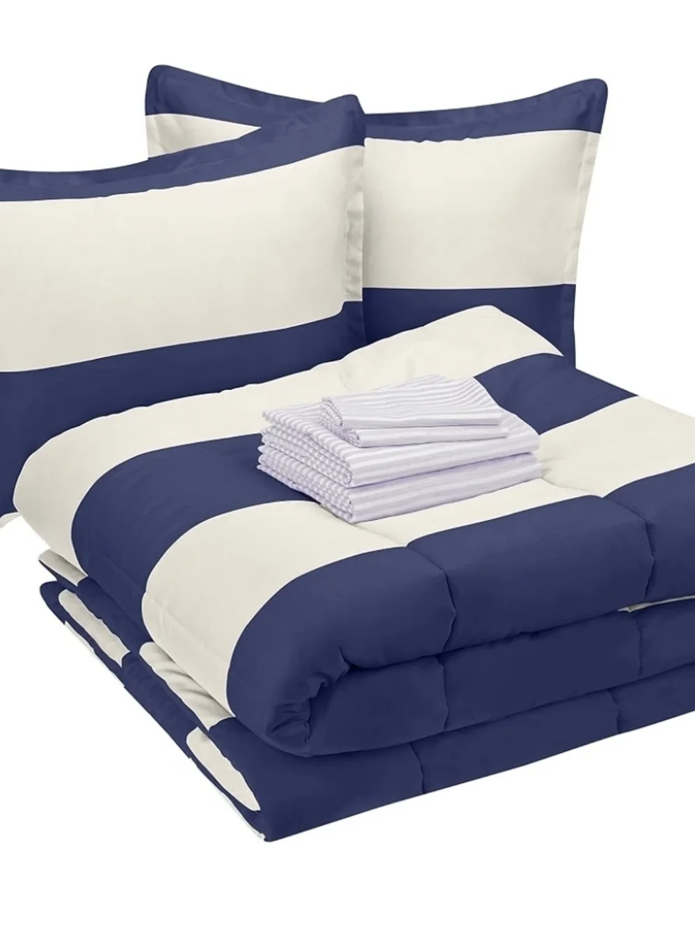 Navy and Cream Striped Comforter Set - Classic Home Bedding 7 PCS